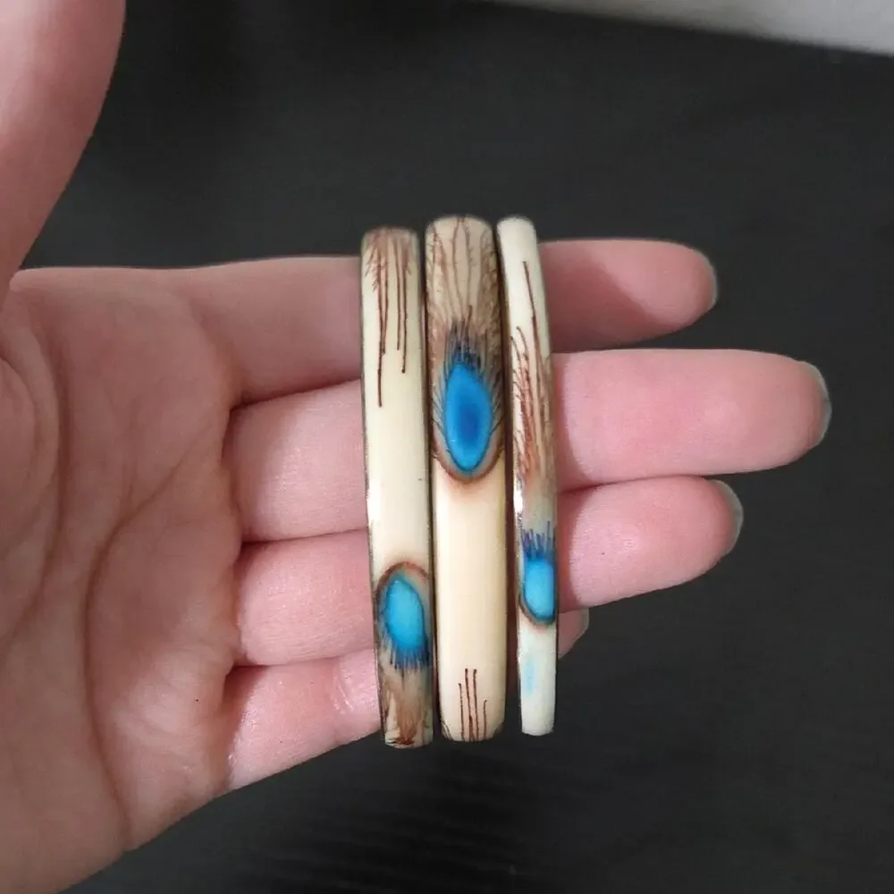 Vintage Lot Of 3 Bangle Bracelet Cream Blue Peacock Feather Brass Tone Boho